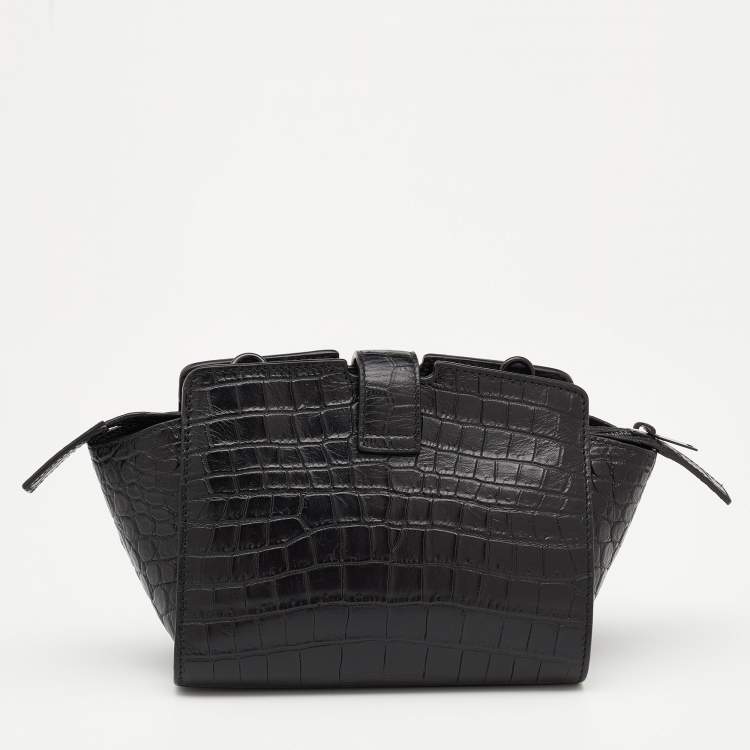 Pre Owned Saint Laurent Black Croc Embossed Leather Toy Cabas Crossbody Bag