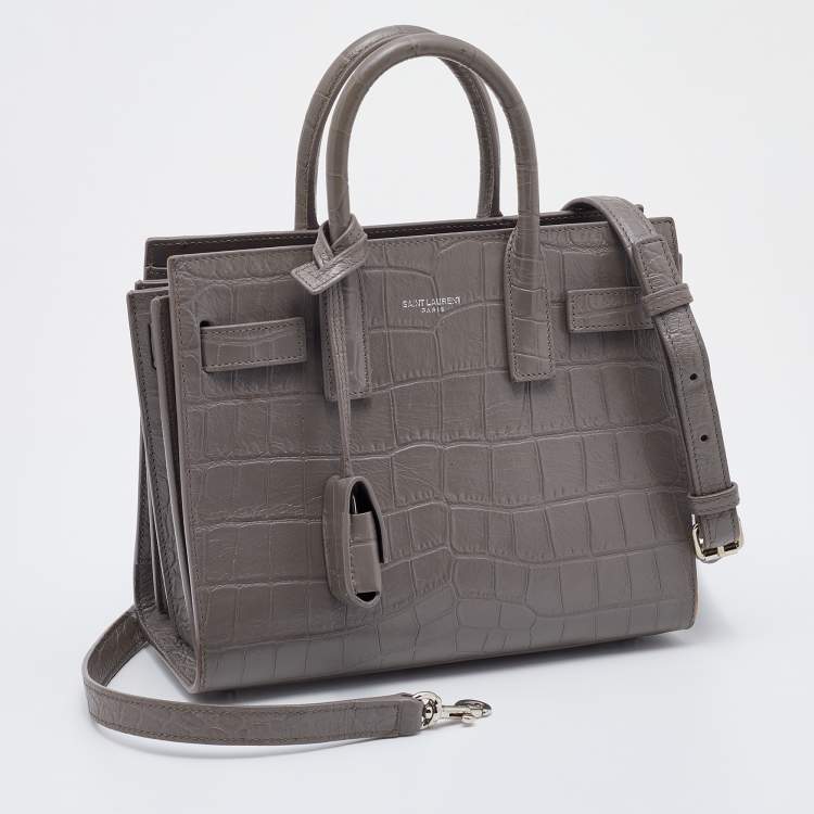 Pre Owned Saint Laurent Grey Croc Embossed Leather Nano Classic Sac De Jour Tote