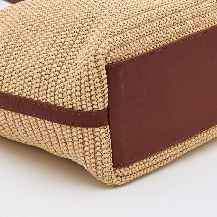 Pre Owned Saint Laurent Beige/Brown Woven Raffia And Leather Tassel Tote