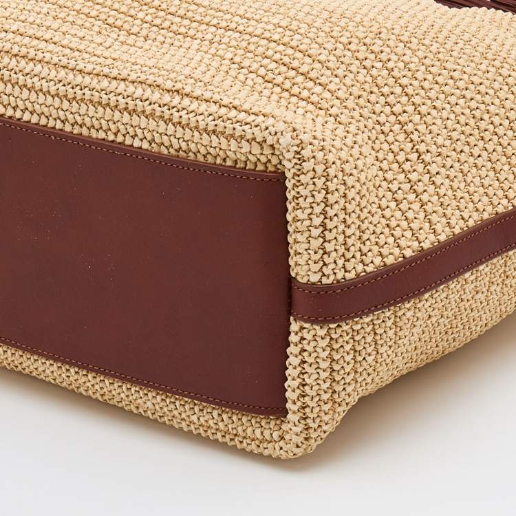 Pre Owned Saint Laurent Beige/Brown Woven Raffia And Leather Tassel Tote
