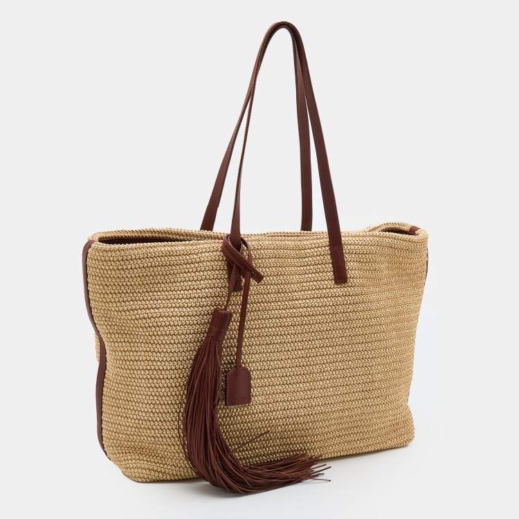 Pre Owned Saint Laurent Beige/Brown Woven Raffia And Leather Tassel Tote