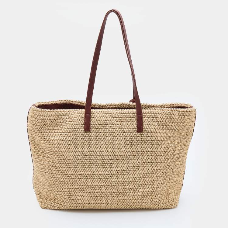 Pre Owned Saint Laurent Beige/Brown Woven Raffia And Leather Tassel Tote