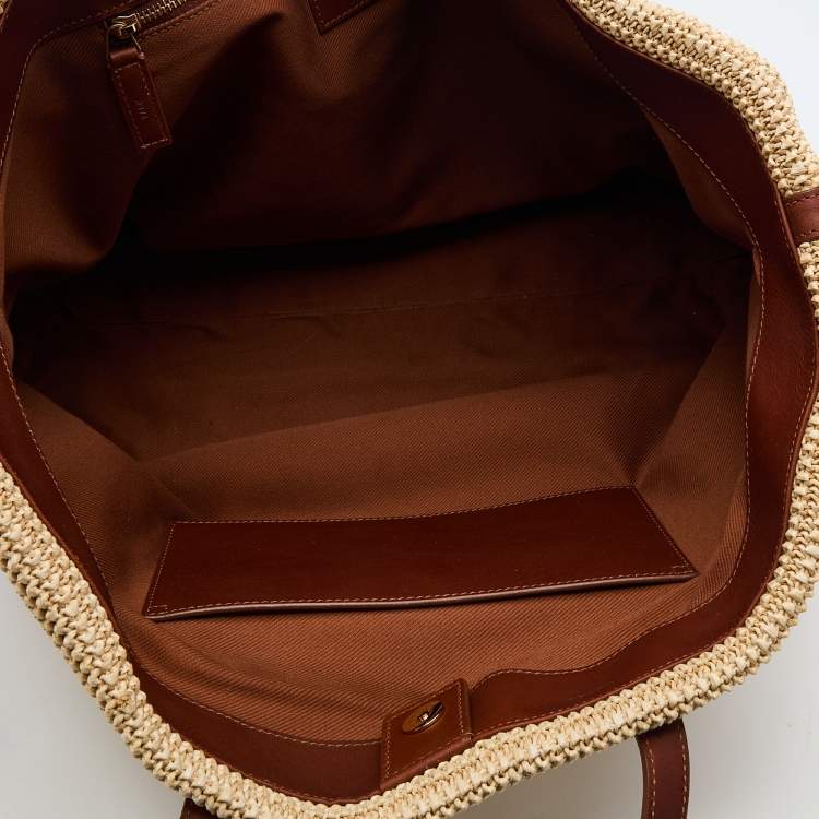Pre Owned Saint Laurent Beige/Brown Woven Raffia And Leather Tassel Tote