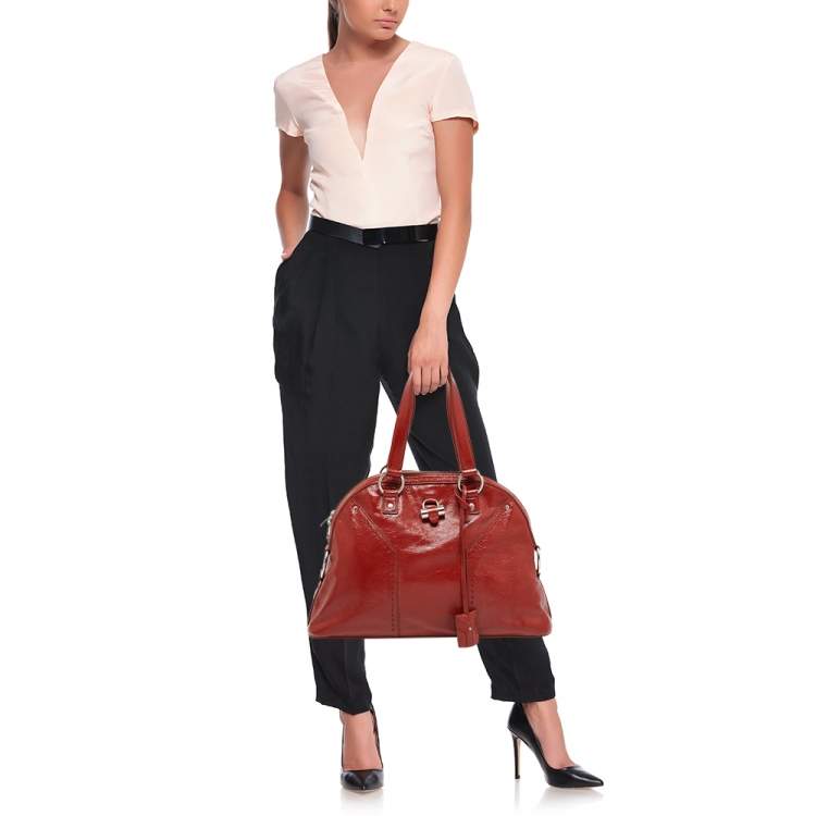 Pre Owned Yves Saint Laurent Rust Brown Patent Leather Large Muse Satchel