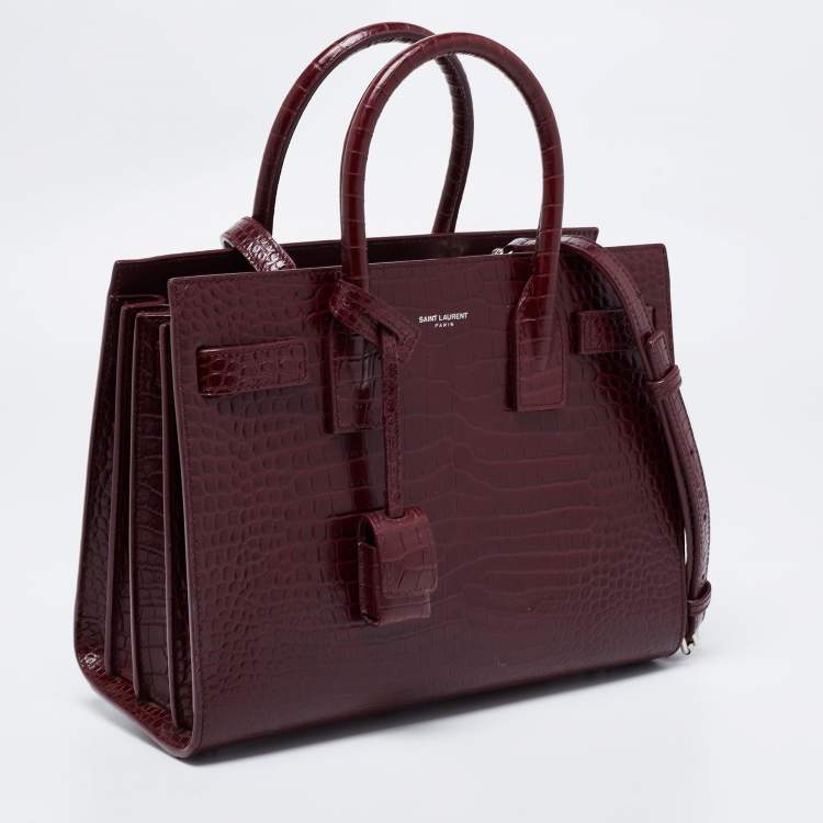 Pre Owned Saint Laurent Burgundy Croc Embossed Leather Baby Classic Sac De Jour Tote