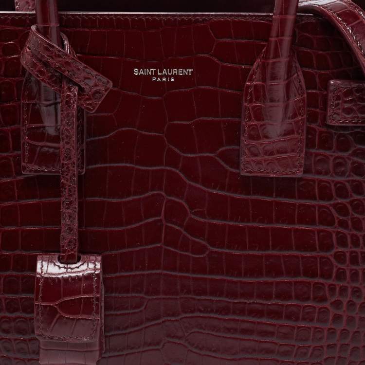 Pre Owned Saint Laurent Burgundy Croc Embossed Leather Baby Classic Sac De Jour Tote