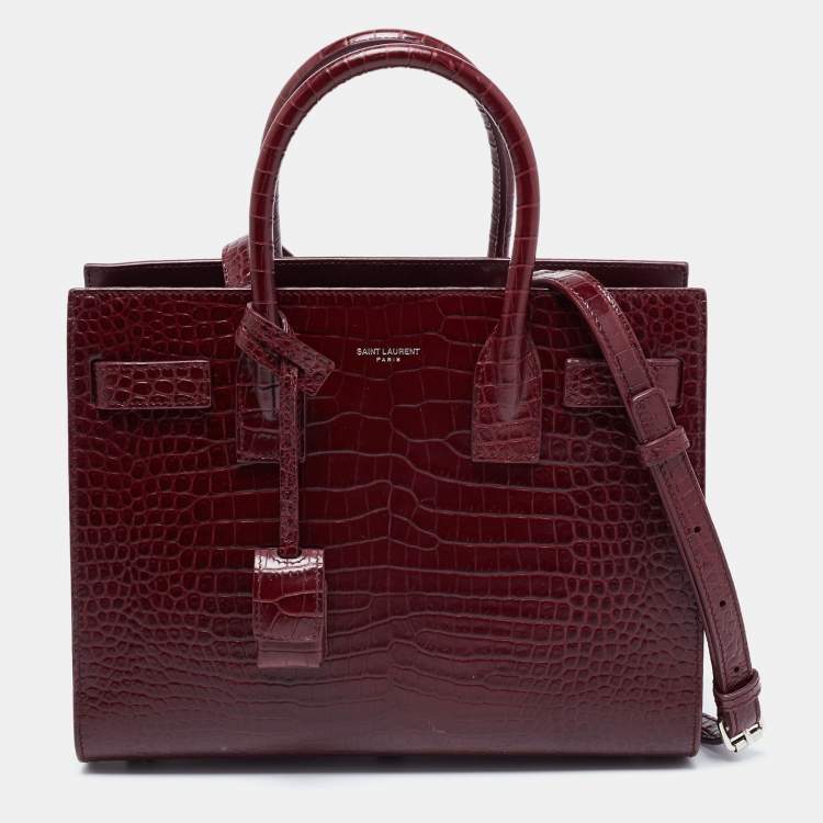 Pre Owned Saint Laurent Burgundy Croc Embossed Leather Baby Classic Sac De Jour Tote