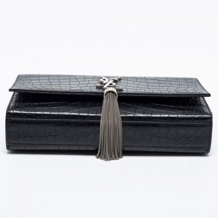 Pre Owned Saint Laurent Black Croc Embossed Medium Kate Tassel Shoulder Bag