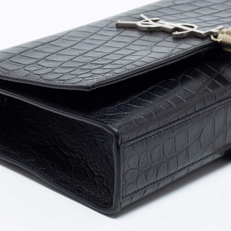Pre Owned Saint Laurent Black Croc Embossed Medium Kate Tassel Shoulder Bag