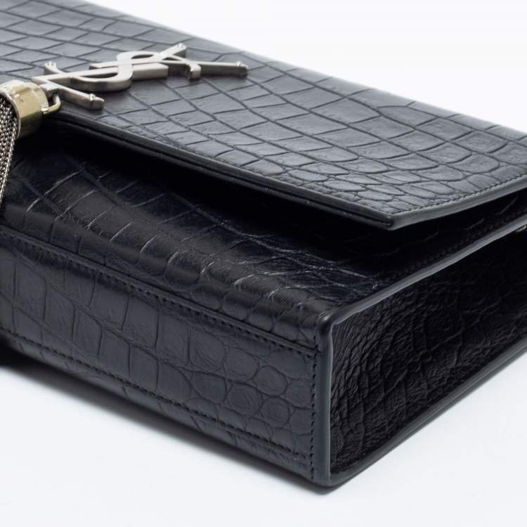 Pre Owned Saint Laurent Black Croc Embossed Medium Kate Tassel Shoulder Bag