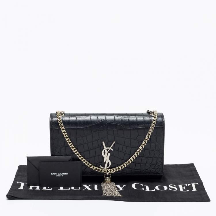 Pre Owned Saint Laurent Black Croc Embossed Medium Kate Tassel Shoulder Bag