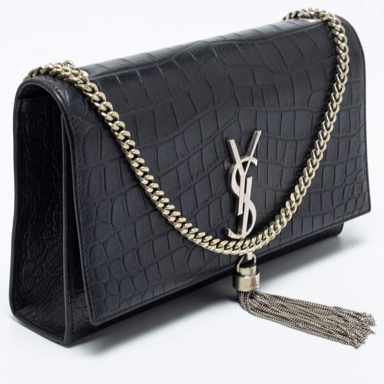 Pre Owned Saint Laurent Black Croc Embossed Medium Kate Tassel Shoulder Bag