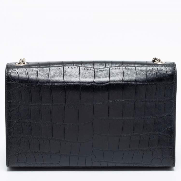 Pre Owned Saint Laurent Black Croc Embossed Medium Kate Tassel Shoulder Bag