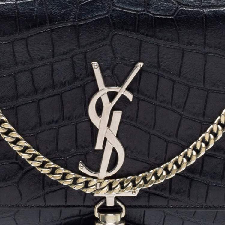 Pre Owned Saint Laurent Black Croc Embossed Medium Kate Tassel Shoulder Bag