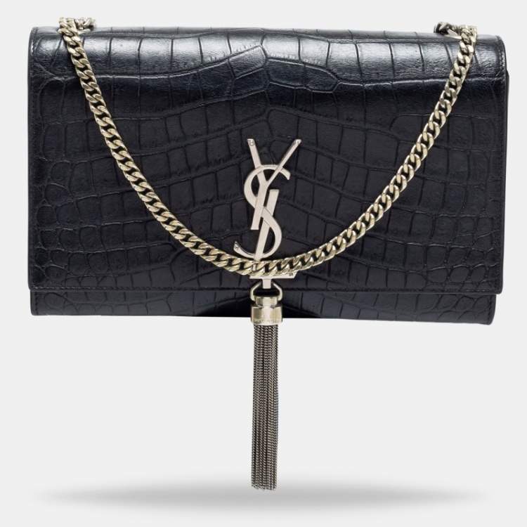 Pre Owned Saint Laurent Black Croc Embossed Medium Kate Tassel Shoulder Bag