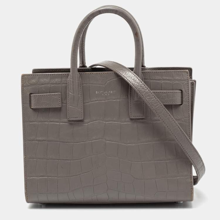Pre Owned Saint Laurent Grey Croc Embossed Leather Nano Classic Sac De Jour Tote