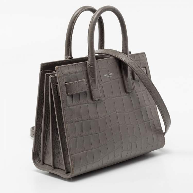 Pre Owned Saint Laurent Grey Croc Embossed Leather Nano Classic Sac De Jour Tote