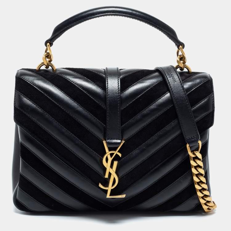 Pre Owned Saint Laurent Black Matelassé Leather and Suede Medium College Top Handle Bag