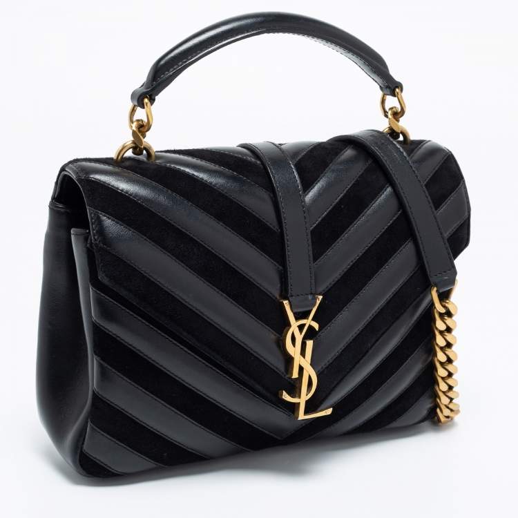 Pre Owned Saint Laurent Black Matelassé Leather and Suede Medium College Top Handle Bag