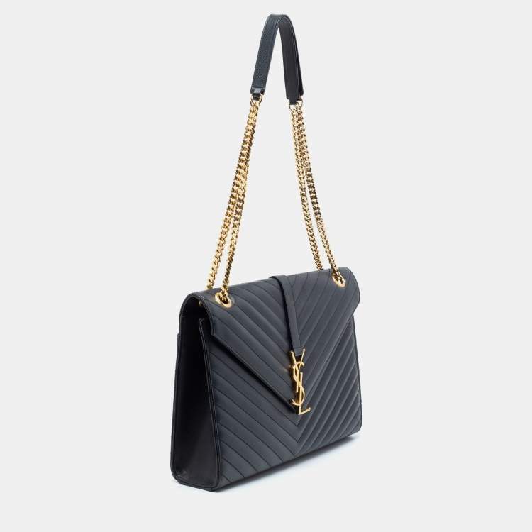 Pre Owned Saint Laurent Black Matelassé Leather Monogram Envelope Shoulder Bag