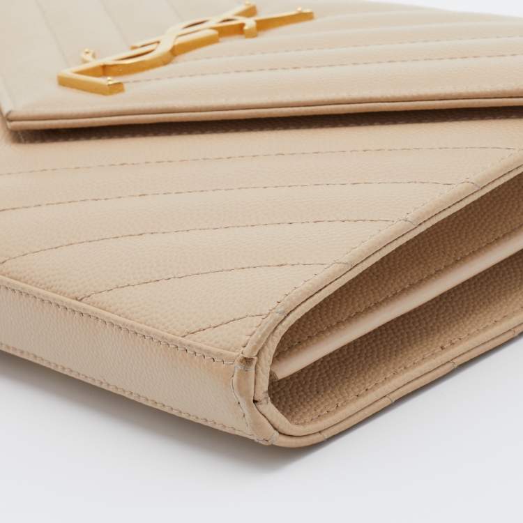 Pre Owned Saint Laurent Beige Leather Monogram Envelope Wallet-On-Chain