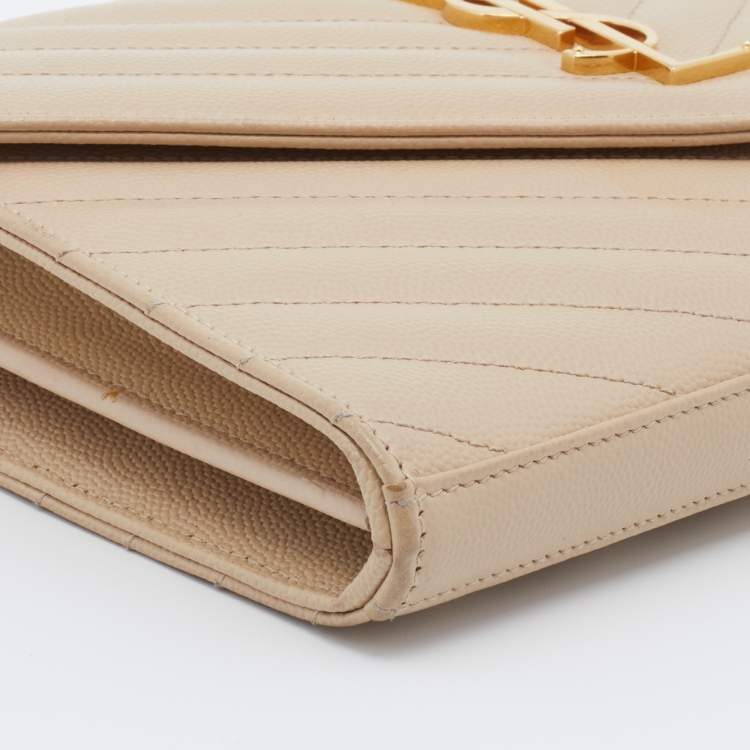 Pre Owned Saint Laurent Beige Leather Monogram Envelope Wallet-On-Chain