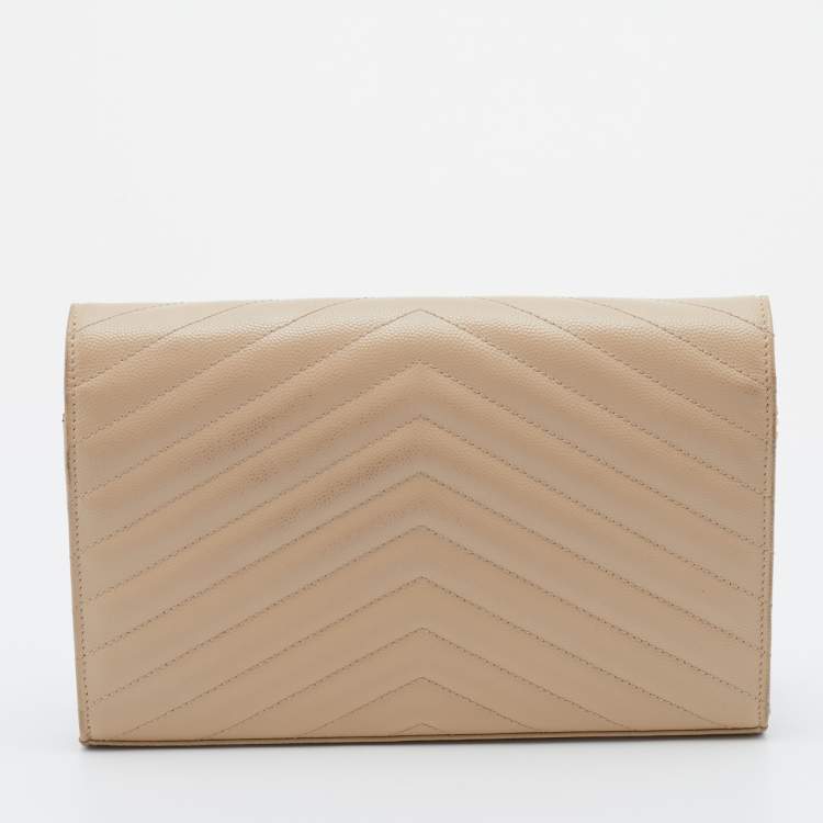 Pre Owned Saint Laurent Beige Leather Monogram Envelope Wallet-On-Chain