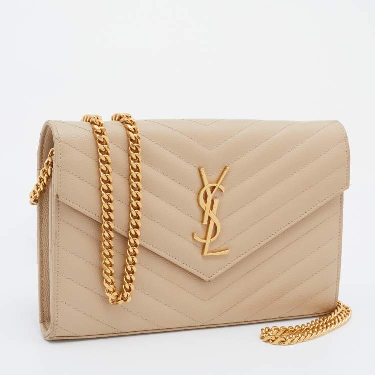 Pre Owned Saint Laurent Beige Leather Monogram Envelope Wallet-On-Chain