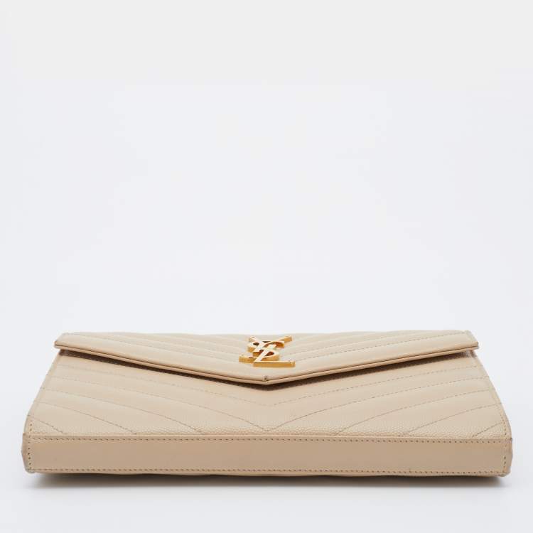 Pre Owned Saint Laurent Beige Leather Monogram Envelope Wallet-On-Chain
