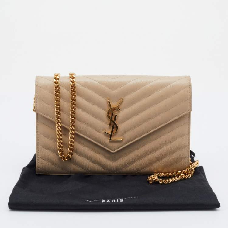Pre Owned Saint Laurent Beige Leather Monogram Envelope Wallet-On-Chain