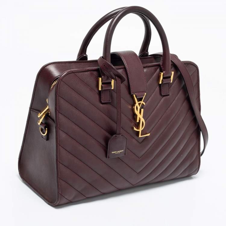 Pre Owned Saint Laurent Burgundy Matelassé Leather Small Monogram Cabas Tote