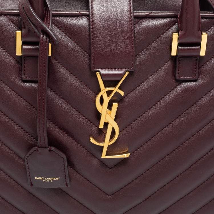 Pre Owned Saint Laurent Burgundy Matelassé Leather Small Monogram Cabas Tote
