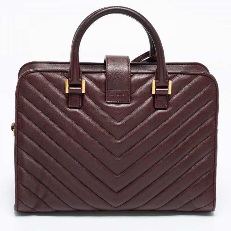 Pre Owned Saint Laurent Burgundy Matelassé Leather Small Monogram Cabas Tote
