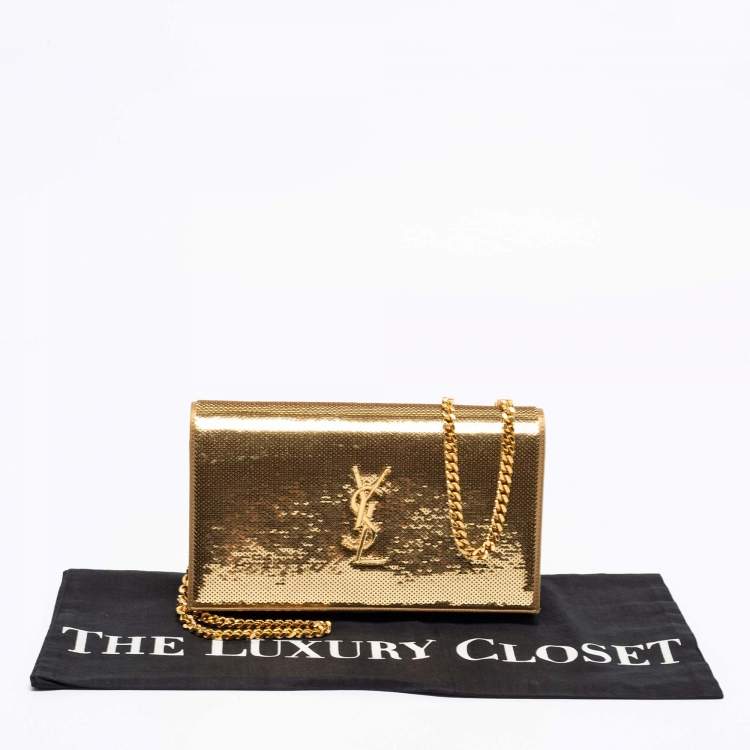 Pre Owned Saint Laurent Gold Sequin and Satin Monogram Wallet On Chain