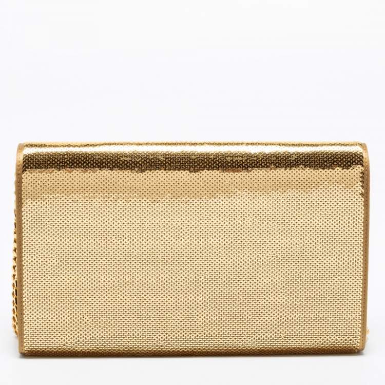 Pre Owned Saint Laurent Gold Sequin and Satin Monogram Wallet On Chain