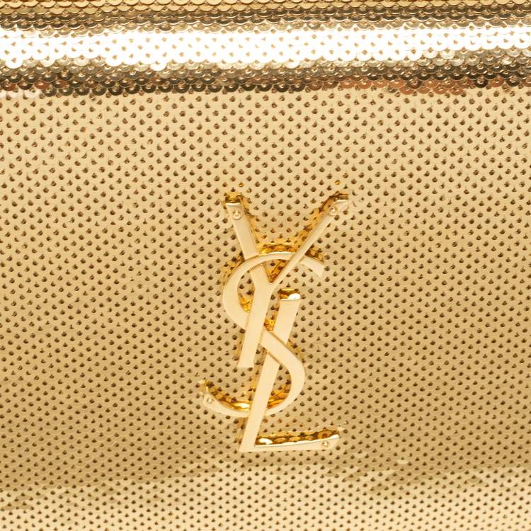 Pre Owned Saint Laurent Gold Sequin and Satin Monogram Wallet On Chain