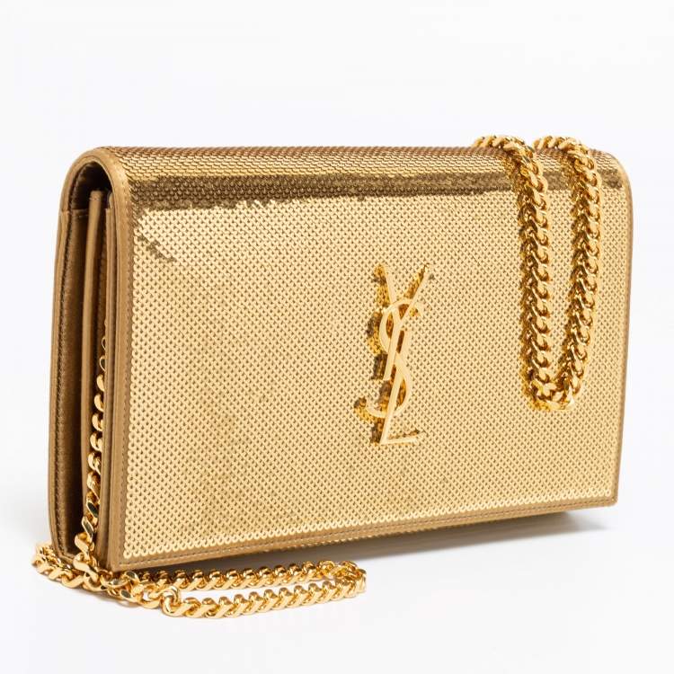 Pre Owned Saint Laurent Gold Sequin and Satin Monogram Wallet On Chain