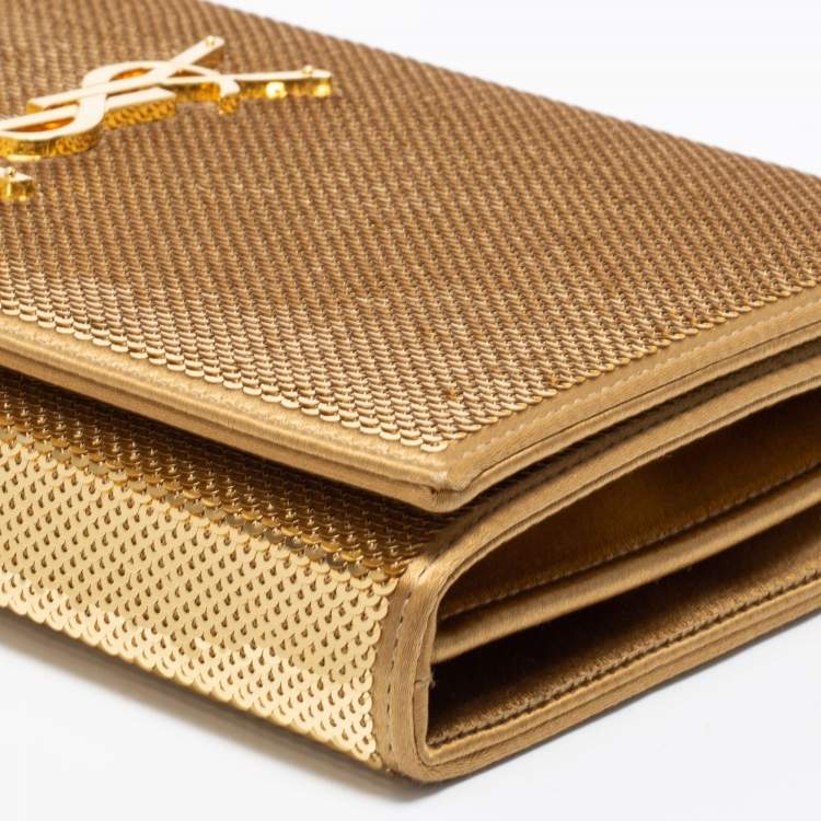 Pre Owned Saint Laurent Gold Sequin and Satin Monogram Wallet On Chain