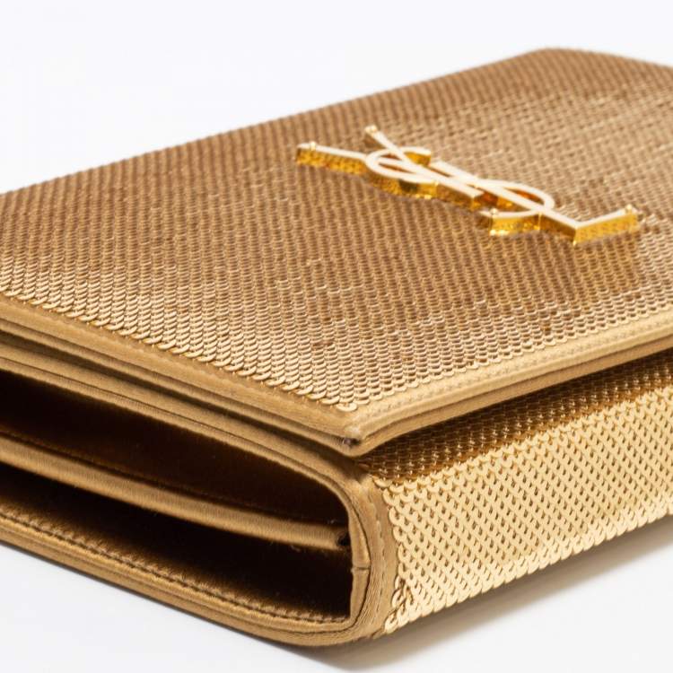 Pre Owned Saint Laurent Gold Sequin and Satin Monogram Wallet On Chain
