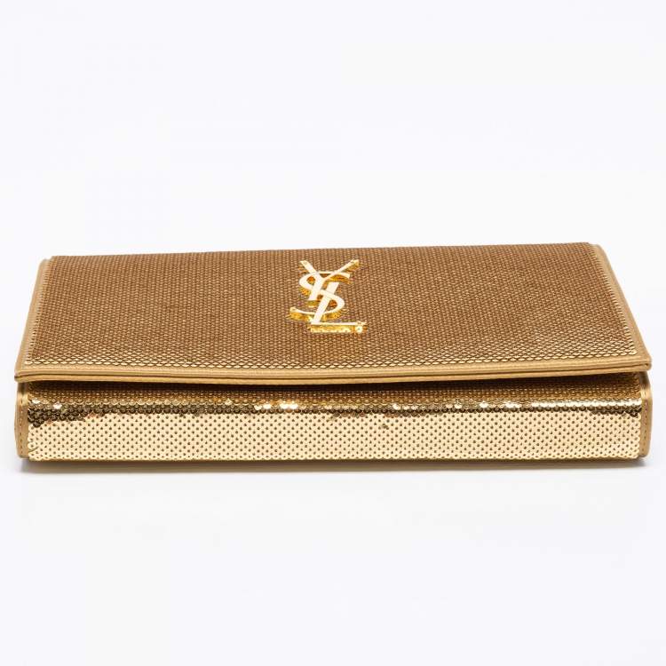 Pre Owned Saint Laurent Gold Sequin and Satin Monogram Wallet On Chain