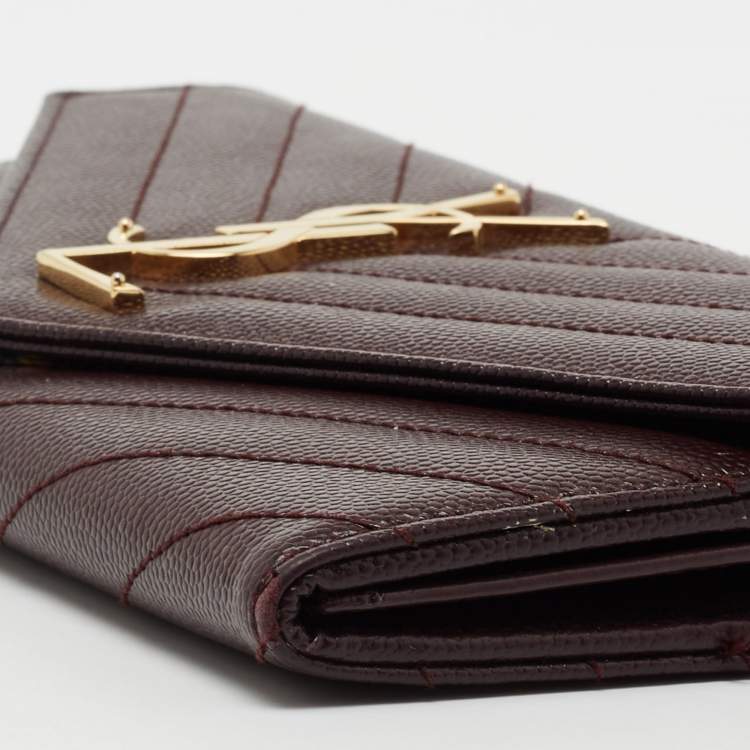 Pre Owned Saint Laurent Burgundy Matelassé Leather Monogram Flap Wallet