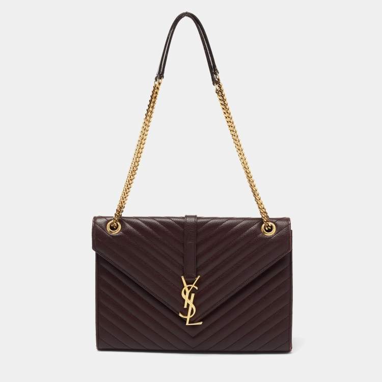 Pre Owned Saint Laurent Burgundy Matelassé Leather Monogram Envelope Shoulder Bag