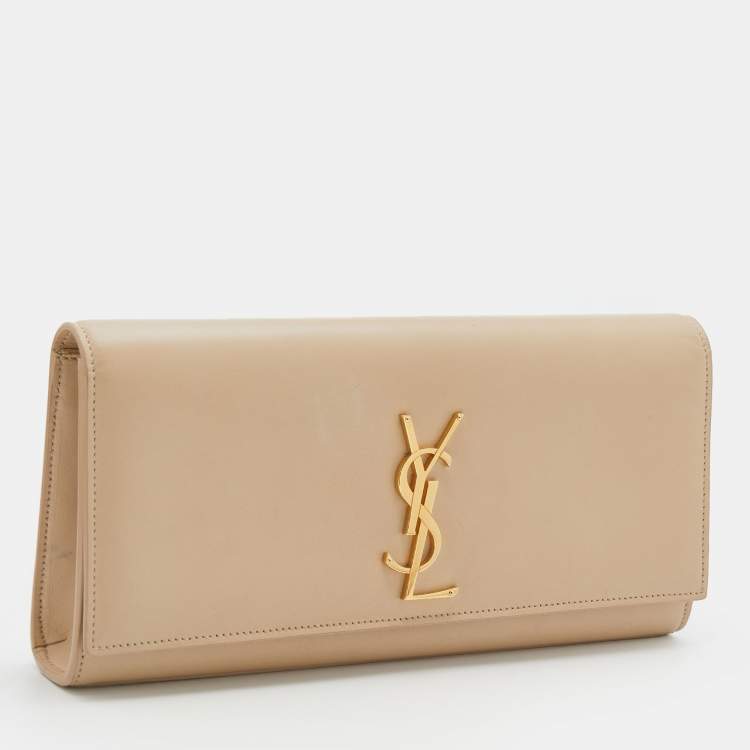 Pre Owned Saint Laurent Beige Leather Monogram Cassandre Clutch