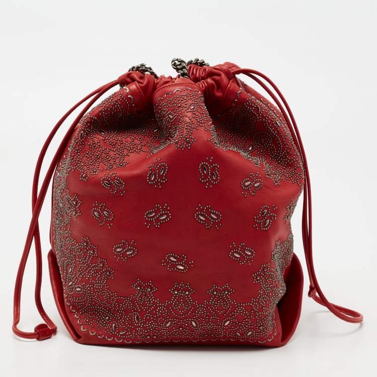 Pre Owned Saint Laurent Red Leather Teddy Bandana Drawstring Shoulder Bag