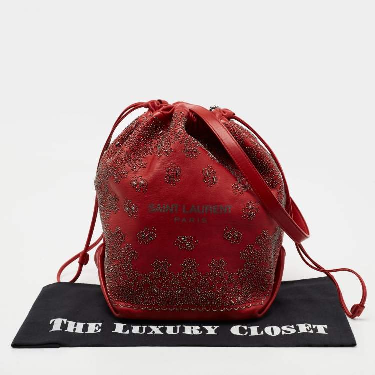 Pre Owned Saint Laurent Red Leather Teddy Bandana Drawstring Shoulder Bag