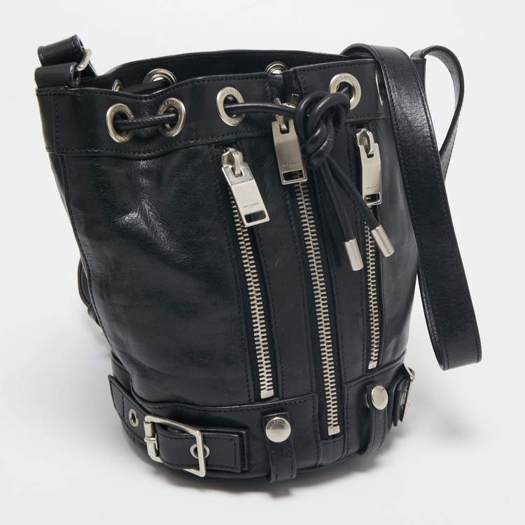 Pre Owned Saint Laurent Black Leather Rider Bucket Bag