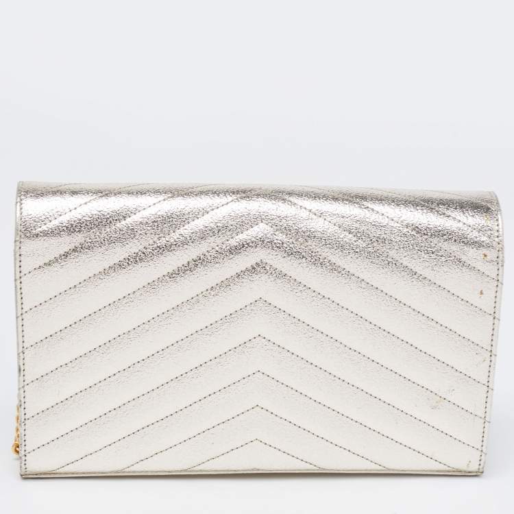 Pre Owned Saint Laurent Metallic Gold Matelasse Leather Monogram Envelope Wallet on Chain