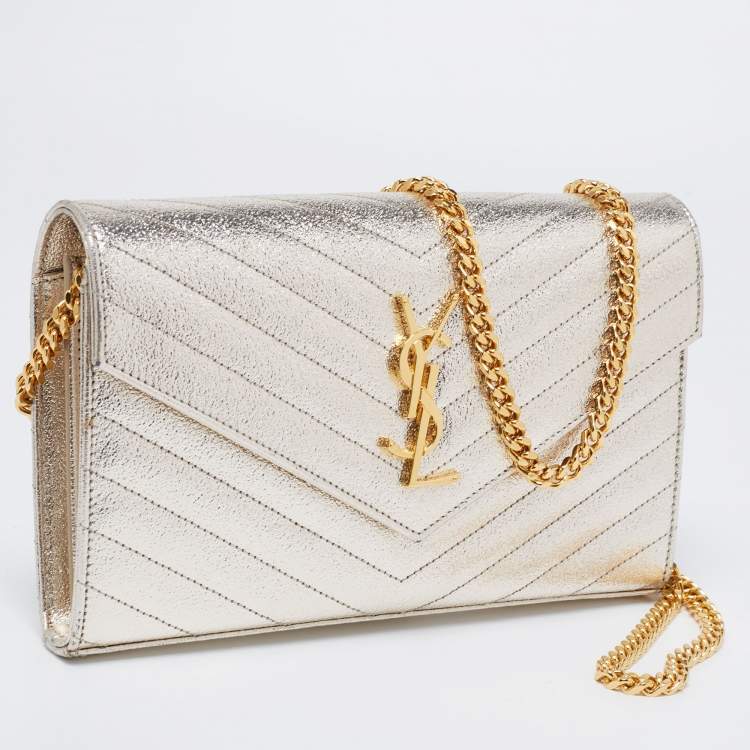 Pre Owned Saint Laurent Metallic Gold Matelasse Leather Monogram Envelope Wallet on Chain