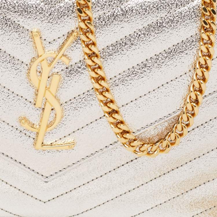 Pre Owned Saint Laurent Metallic Gold Matelasse Leather Monogram Envelope Wallet on Chain