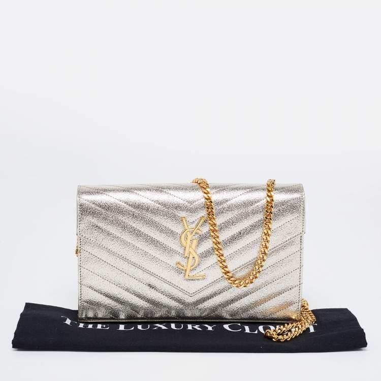 Pre Owned Saint Laurent Metallic Gold Matelasse Leather Monogram Envelope Wallet on Chain